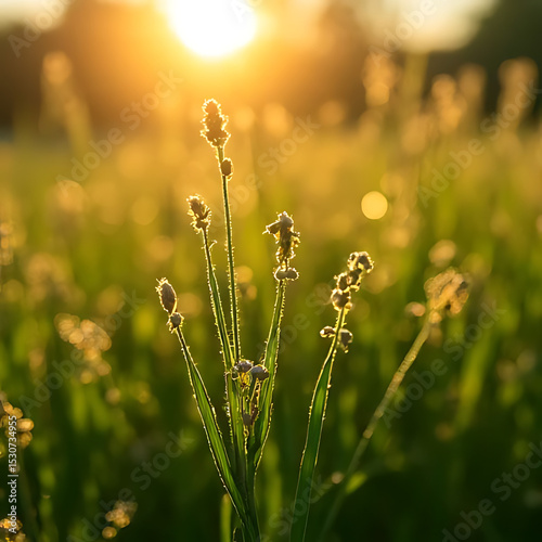 First Day of Summer yellow flower in the grass at sunrise time