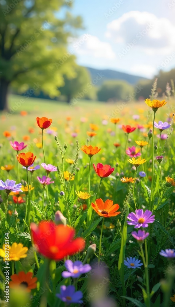 Fototapeta premium Vibrant wildflowers bloom in a sun-drenched meadow, creating a breathtaking display of color and natural beauty Perfect for nature, environmental, and springtime themes , pretty, sunshine, day