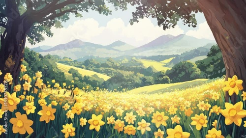 Bright yellow daffodils in lush spring field
