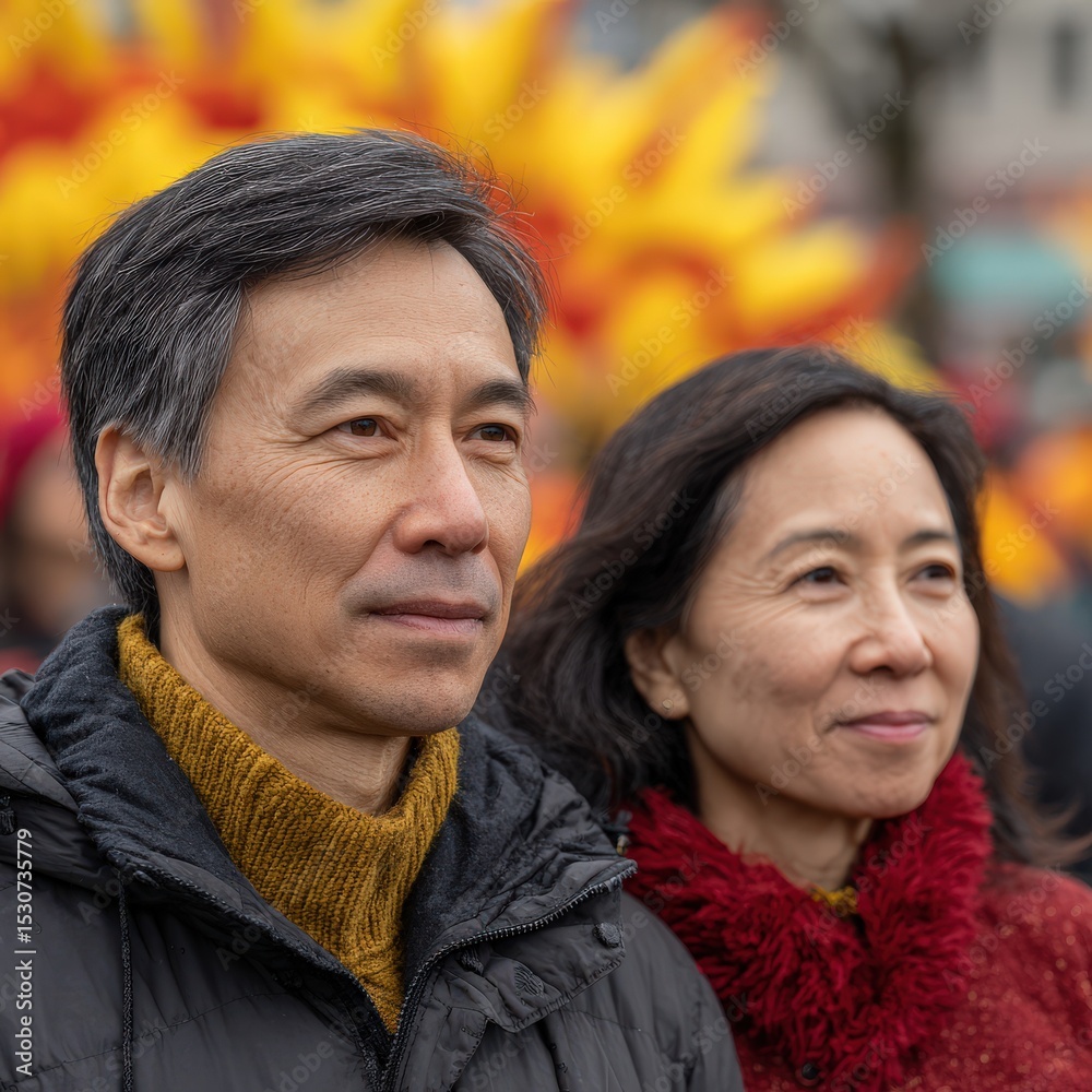 Couple looks optimistically to the future at outdoor event. Asian couple observing something with hope and positivity, togetherness, partnership, support, and optimism. Couple looks optimistically to the future at outdoor event. Asian couple observing something with hope and positivity, togetherness, partnership, support, and optimism.