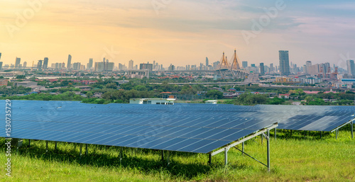 Fototapeta Naklejka Na Ścianę i Meble -  Sustainable city with green energy and net zero emissions. Solar power. Renewable resources. Eco-friendly urban planning and environmental conservation. Carbon neutrality. Eco-conscious infrastructure