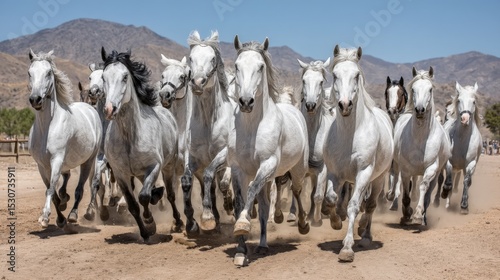 A herd of white horses running across a sandy landscape with mountains in the background