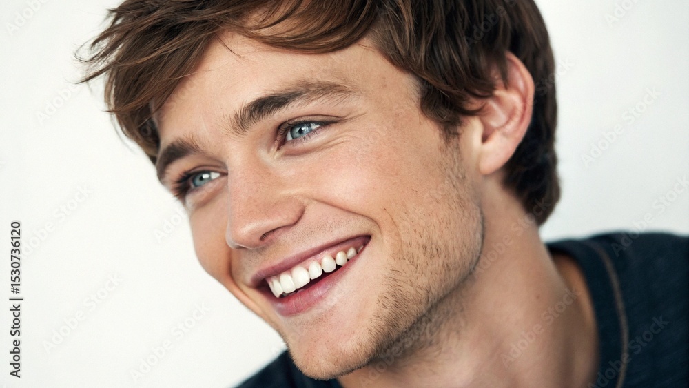 Fototapeta premium Happy young man's portrait, a casual guy with a joyful expression and a handsome smile, looking at the camera