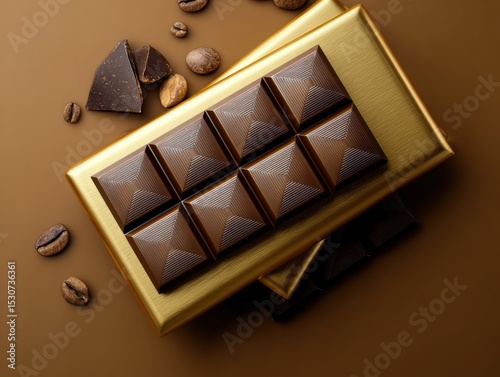 Chocolate bar with a gold wrapper sits on a table with a some coffee beans