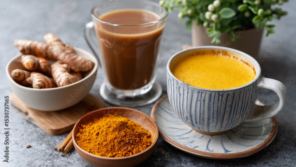 A warm turmeric latte in a clear glass sits beside a bowl of vibrant turmeric roots and powdered turmeric. The golden hues and natural textures highlight health, wellness, and cozy comfort. A warm turmeric latte in a clear glass sits beside a bowl of vibrant turmeric roots and powdered turmeric. The golden hues and natural textures highlight health, wellness, and cozy comfort.