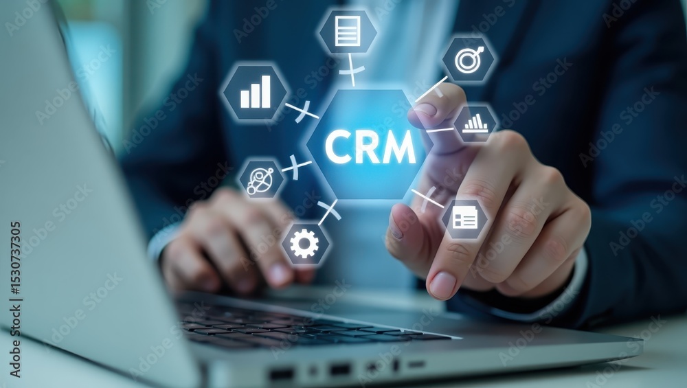 Businessperson interacts with a customer relationship management interface. Businessperson interacts with a customer relationship management interface.