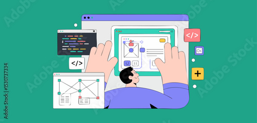 front end developer implementing ui ux design, vector illustration for website creation and interactive application development
