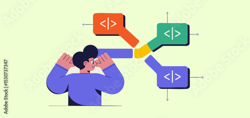 developer managing code branches with version control, vector illustration for software development workflow and collaborative coding