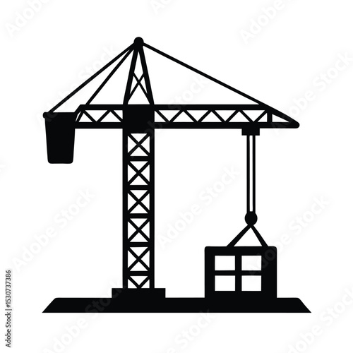 Construction crane on site vector silhouette