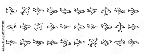 Airplane icon collection – a set of minimal aircraft symbols in various angles and flight positions
Ideal for aviation apps, travel infographics, and flight-related UI designs