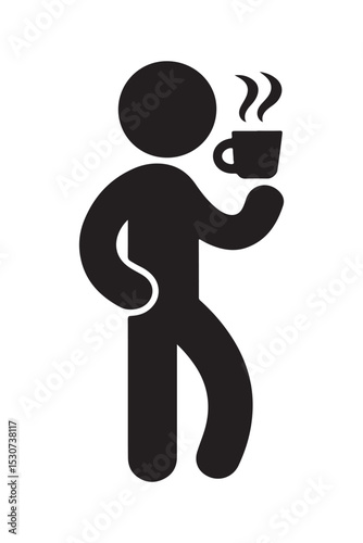 Simple Stick Figure Icon of Person Enjoying Hot Coffee or Tea Beverage