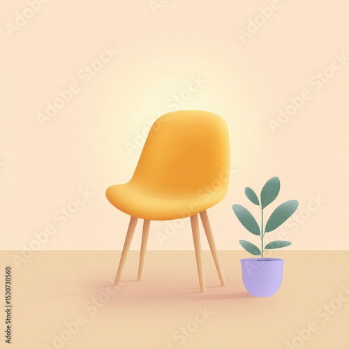 Modern room setup features a yellow chair and potted plant. Interior design, furniture, minimalist decor, home styling.