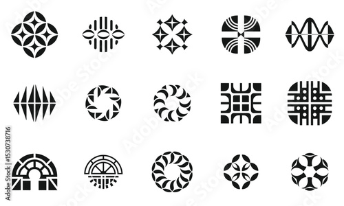 A collection of unique black and white geometric logos, showcasing diverse designs and shapes that evoke a sense of modern art and creativity.