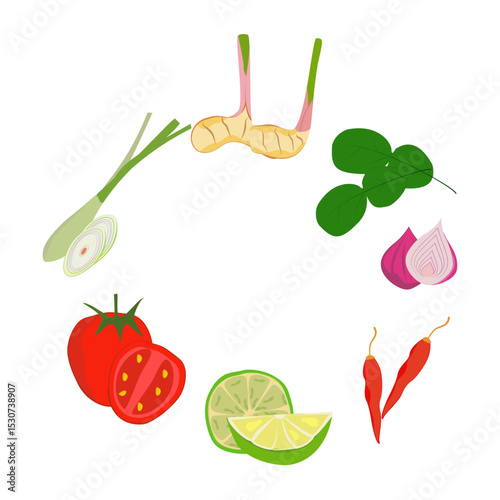 Vector illustration of set of fresh spices isolated on white background. Galangal, lemongrass, kaffir lime leaves, onion, shallot, chili, lime, tomato. Cartoon style. Set of spices and herbs vector il