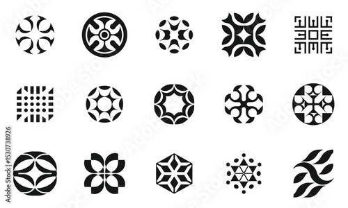 A diverse collection of geometric black and white designs showcasing intricate logos and shapes, perfect for modern decor or graphic applications.