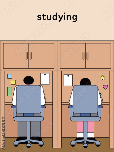 Back View of Students Studying in Study Room Illustration