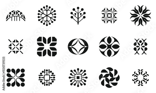 A collection of abstract black and white geometric logos, showcasing unique designs that evoke modernity and creativity, ideal for branding or artistic projects.