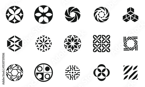 A diverse collection of black and white geometric logos, showcasing various shapes and designs that evoke creativity and modern art.