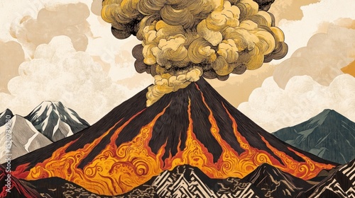 Volcanic eruption;  volcano spewing ash; fiery landscape