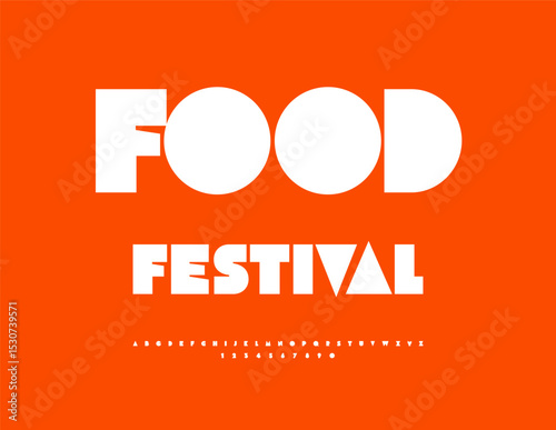 Vector Creative badge Food Festival. Unique White Font. Abstract style Alphabet Letters and Numbers set.