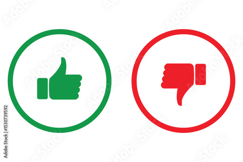 Like and dislike hand icon on circle outline. Thumb up,  and down color sign symbol. Thumb up, thumb down, like and dislike icons buttons collection. Silhouette and outline circle style. 