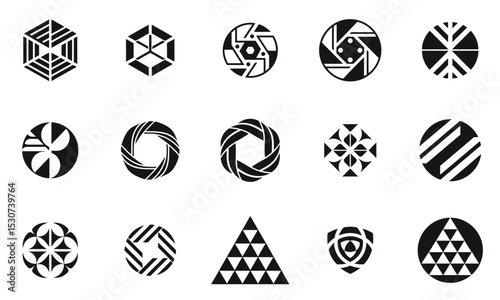 A collection of unique black and white geometric logos, showcasing various shapes like hexagons, circles, and triangles in a modern design style.