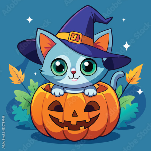 Adorable cartoon cat wearing witch hat inside carved pumpkin halloween illustration
