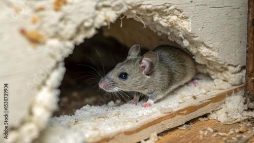 A small grey mouse emerges from a hole in the wall, looking around cautiously. The scene is filled with alertness and hidden activity. Perfect for pest and home themes.