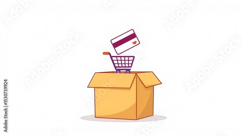 Cardboard box with cart icon and bank card symbolizes online commerce. The image reflects the concepts of logistics and delivery. The idea of ​​digital shopping and commerce.