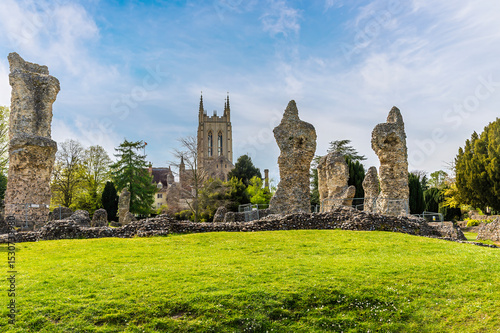 A view over the Abbey ruins and towards the cathedral at Bury Saint Edmunds on a bright day in springtime