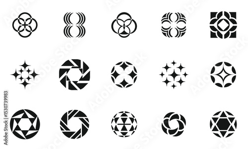 A creative assortment of abstract geometric logos in black and white, showcasing intricate designs and harmonious shapes.