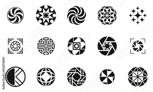 A collection of unique black and white geometric logos, showcasing various abstract designs, perfect for backgrounds or artistic projects.