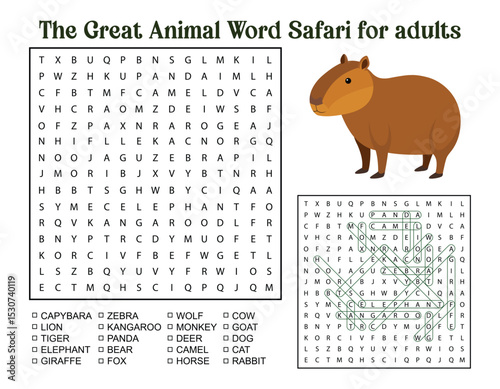 Animal Word Search Puzzle for Adults with Capybara Illustration