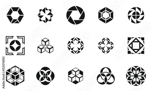 A collection of geometric shapes and logos in black and white, showcasing diverse designs including circles, hexagons, and interlocking motifs.
