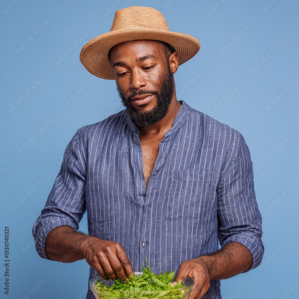Fototapeta premium Man in straw hat prepares salad ingredients in bowl. Healthy eating, fresh produce, home cooking, culinary lifestyle.