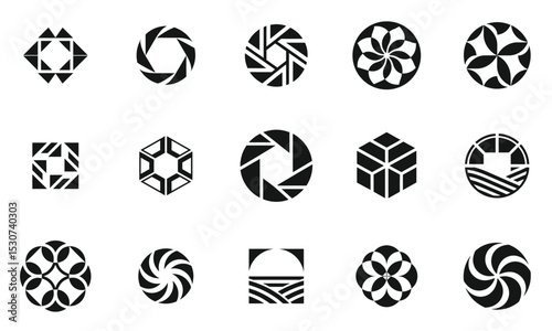 A creative collection of unique black and white geometric logos, showcasing a variety of shapes and logos that evoke modern design aesthetics.