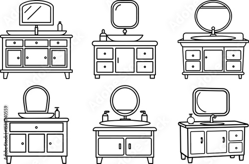 Set of Bathroom vanity outline vector illustration, line art
