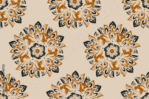 Ethnic abstract ikat floral patterns background.Antique Damask tribal embroidery with Aztec style.Geometric flower folklore ornaments.Indian or other Asian-inspired.Design for carpet, wallpaper, cloth