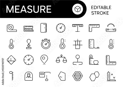 Collection of editable stroke line icons representing measurement tools and concepts, including rulers, thermometers, scales, dials, and scientific instruments, displayed on a white background.