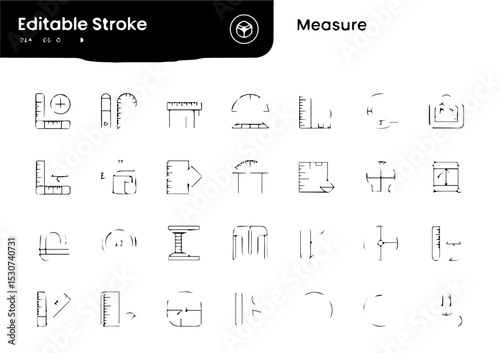 Collection of editable stroke line icons representing measurement tools and concepts, including rulers, thermometers, scales, dials, and scientific instruments, displayed on a white background.