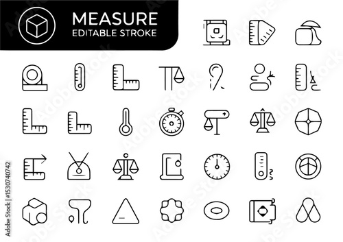 Collection of editable stroke line icons representing measurement tools and concepts, including rulers, thermometers, scales, dials, and scientific instruments, displayed on a white background.