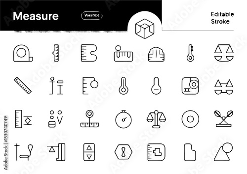 Collection of editable stroke line icons representing measurement tools and concepts, including rulers, thermometers, scales, dials, and scientific instruments, displayed on a white background.