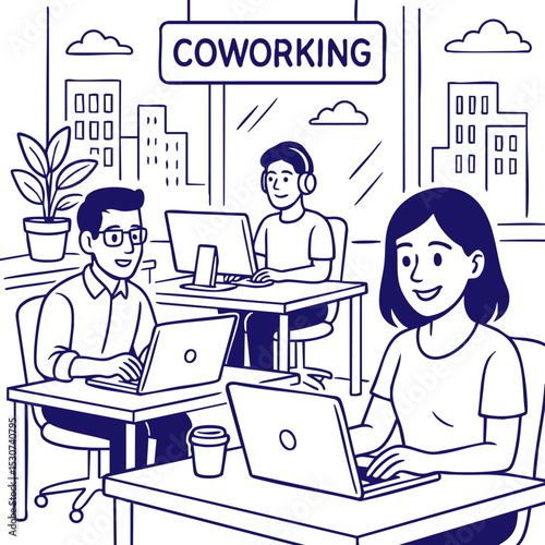 People working in coworking space line art illustration