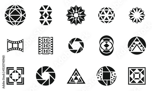 A collection of diverse black geometric logos showcasing various shapes and designs in a minimalist style, suitable for creative projects.