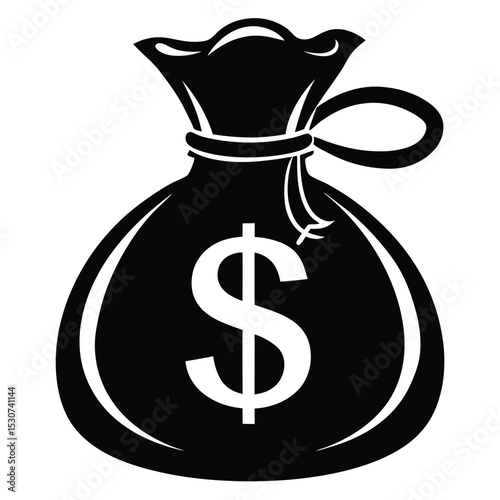 Black and white vector illustration of a money bag with a prominent dollar sign