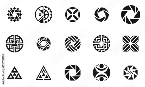 A collection of abstract black and white logos showcasing intricate geometric designs and logos. Each logo features unique shapes, creating visually engaging symbols.