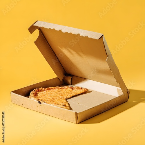 Last slice pizza in box delivery takeaway food yellow background studio shot
