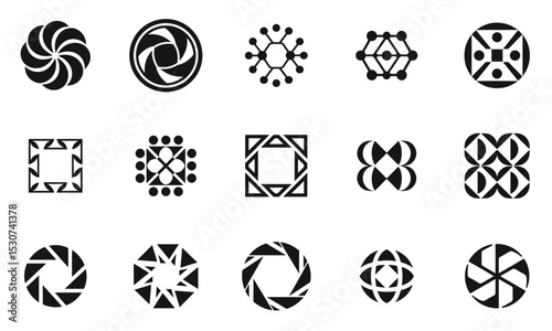 A collection of unique black and white logos featuring geometric shapes and abstract designs, showcasing creativity and modern aesthetics.