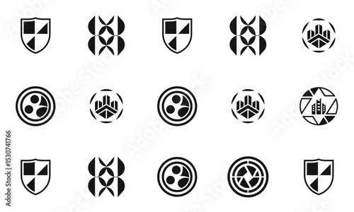 A diverse array of black and white logo designs featuring geometric shapes, shields, and circular motifs, showcasing modern graphic styles and creative branding concepts.