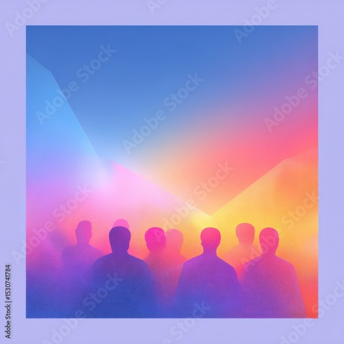Silhouettes of people stand in colorful gradient light. Abstract background, crowd, anonymous, meeting, gathering, group, diversity, togetherness, celebration, community, solidarity.